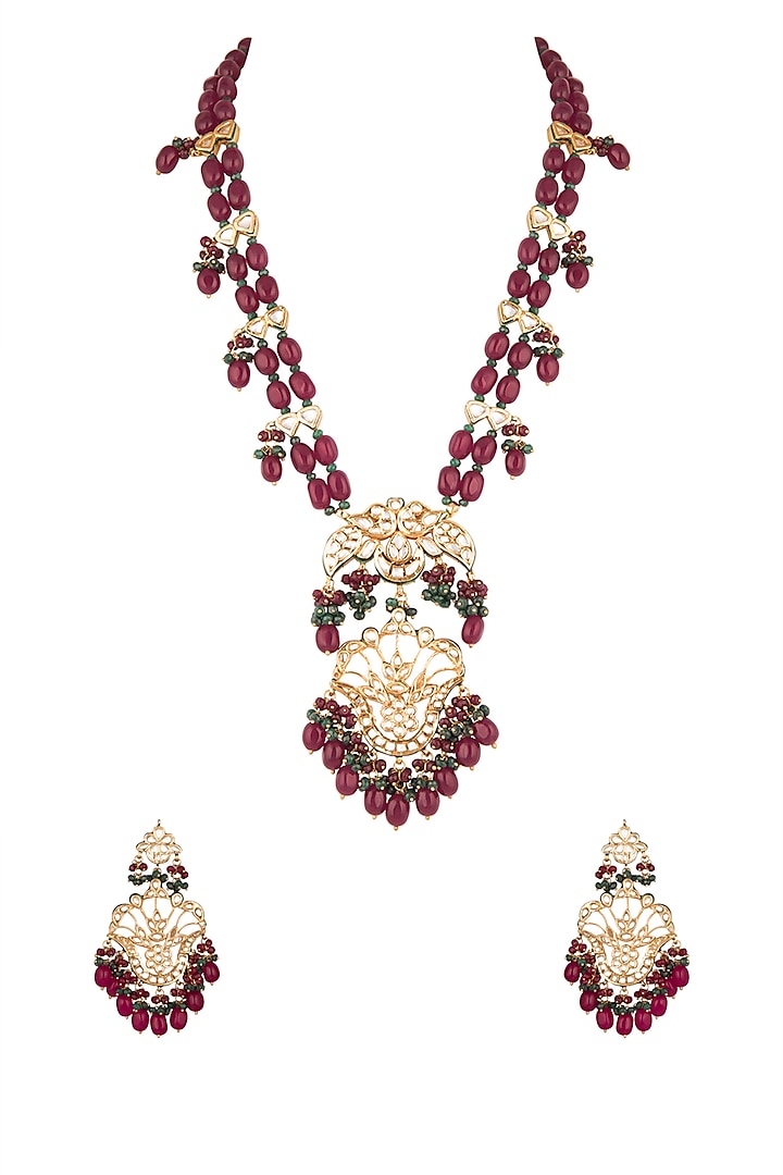 Gold Finish Maroon Stone Necklace Set by Chhavi's Jewels