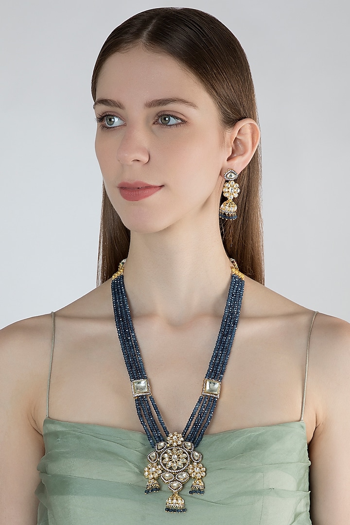 Gold Finish Blue Stone Mala Necklace Set by Chhavi's Jewels