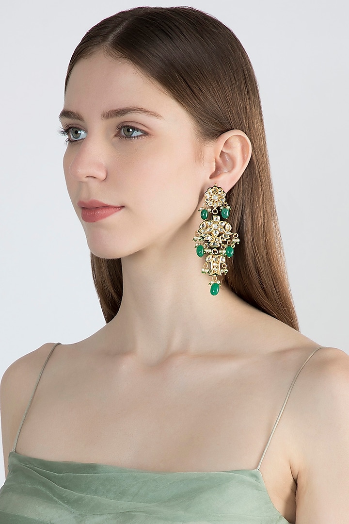 Gold Finish Green Stone Dangler Earrings by Chhavi's Jewels