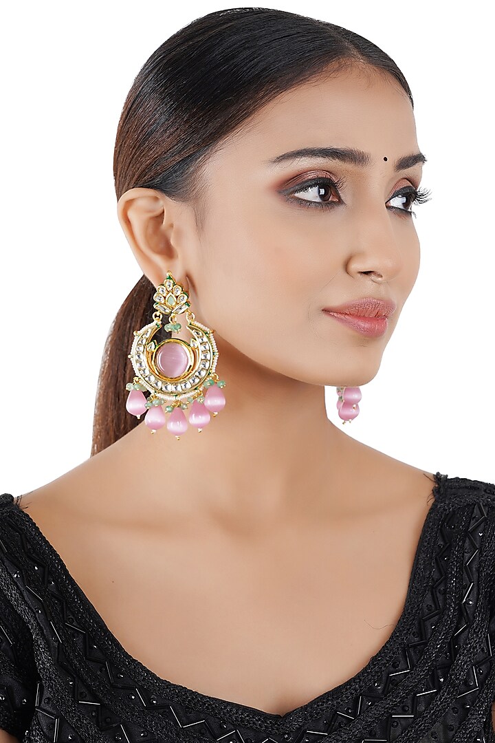 Gold Finish Pearl & Kundan Polki Earrings by Chhavi's Jewels