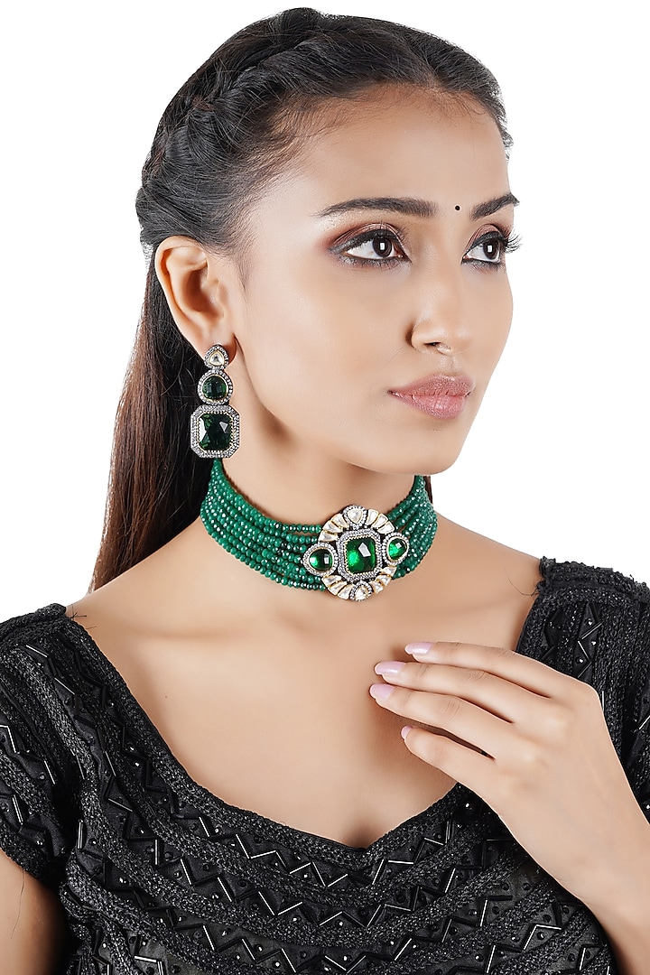 Gold Finish Choker Necklace Set With Kundan Polki by Chhavi's Jewels