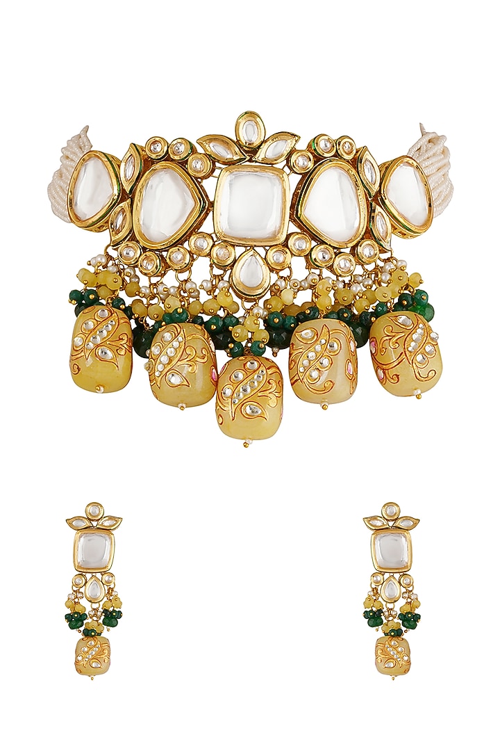 Gold Finish Choker Necklace Set In Mixed Metal by Chhavi's Jewels at Pernia's Pop Up Shop