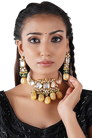 Gold Finish Choker Necklace Set In Mixed Metal by Chhavi's Jewels