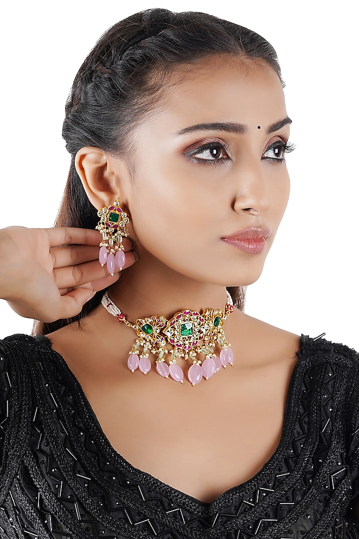 Gold Finish Pearl & Kundan Choker Necklace Set by Chhavi's Jewels