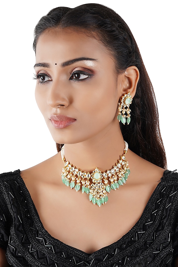 Gold Finish Kundan & Pearl Necklace Set by Chhavi's Jewels