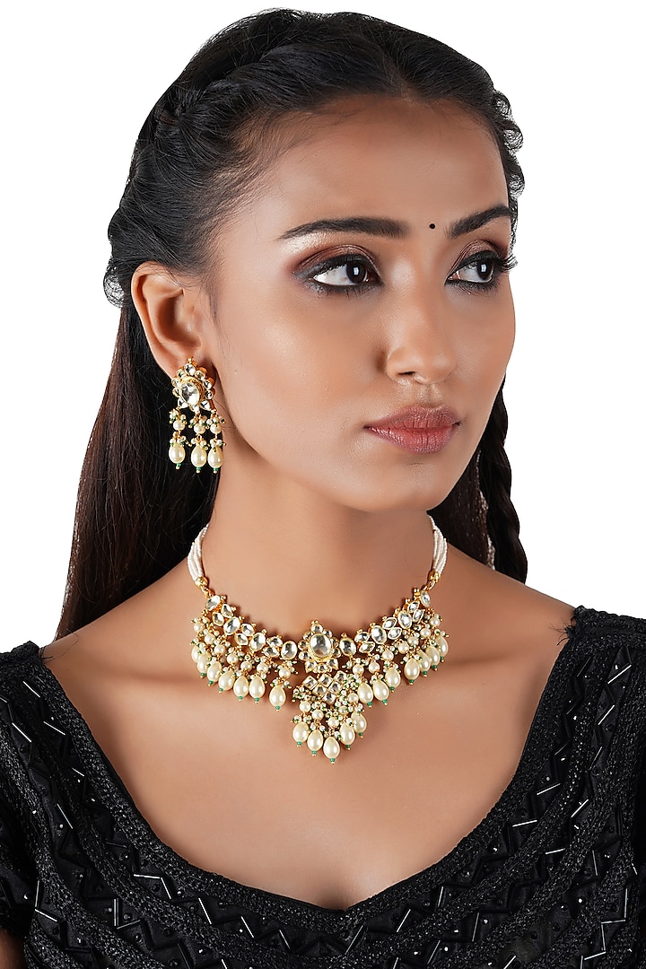 Gold Finish Choker Necklace Set With Pearls by Chhavi's Jewels