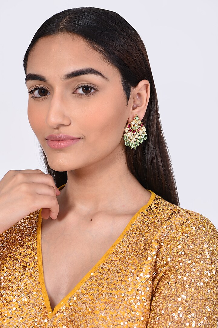 Gold Finish Kundan Polki Stud Earrings by Chhavi'S Jewels