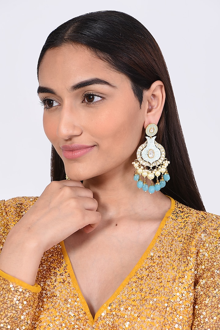 Gold Finish Kundan Polki Chandbali Earrings by Chhavi'S Jewels