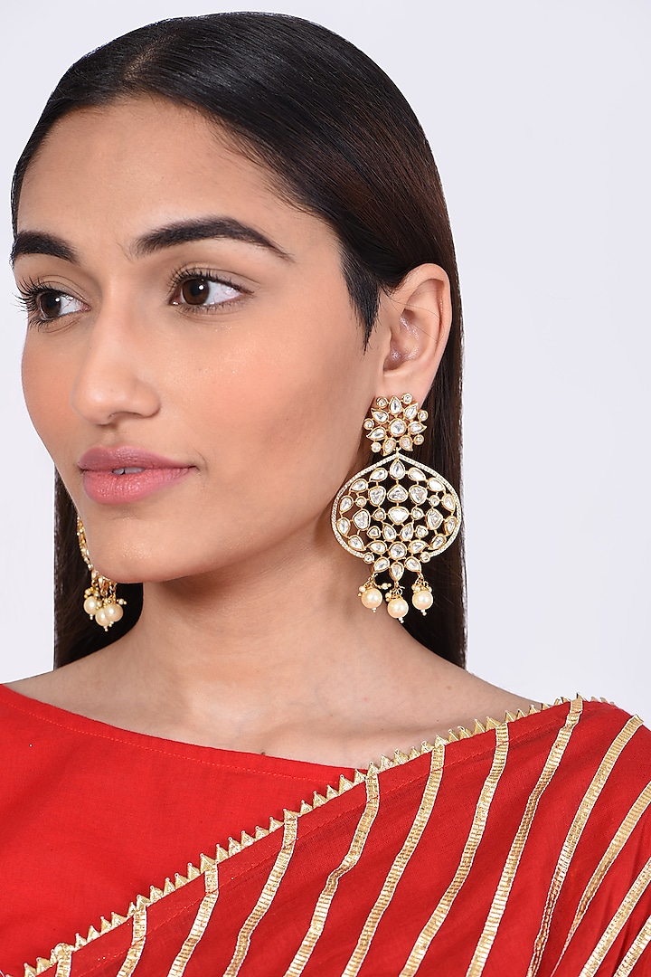Gold Finish Dangler Earrings With Kundan Polki by Chhavi'S Jewels