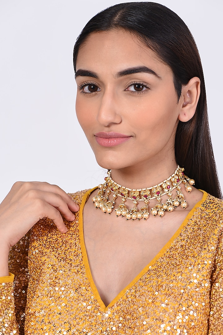 Gold Finish Kundan Polki Choker Necklace by Chhavi'S Jewels