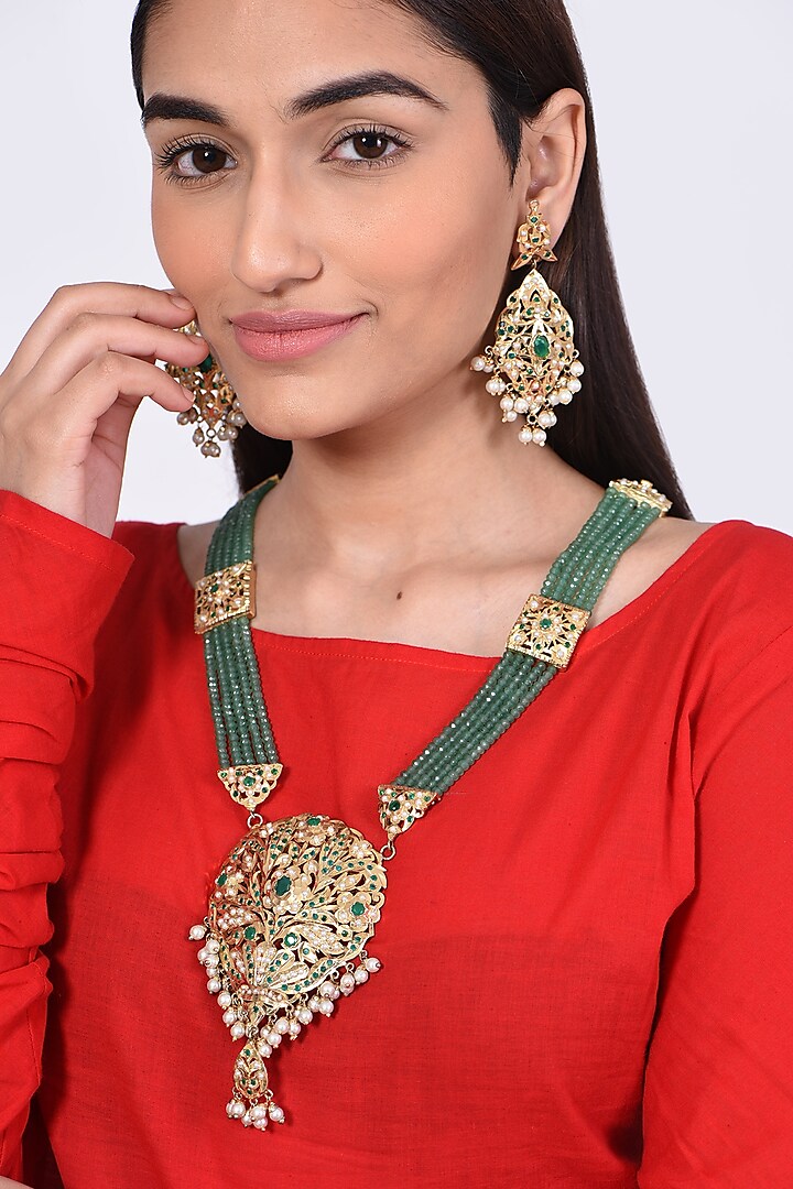 Gold Finish Kundan Polki Long Necklace Set by Chhavi'S Jewels