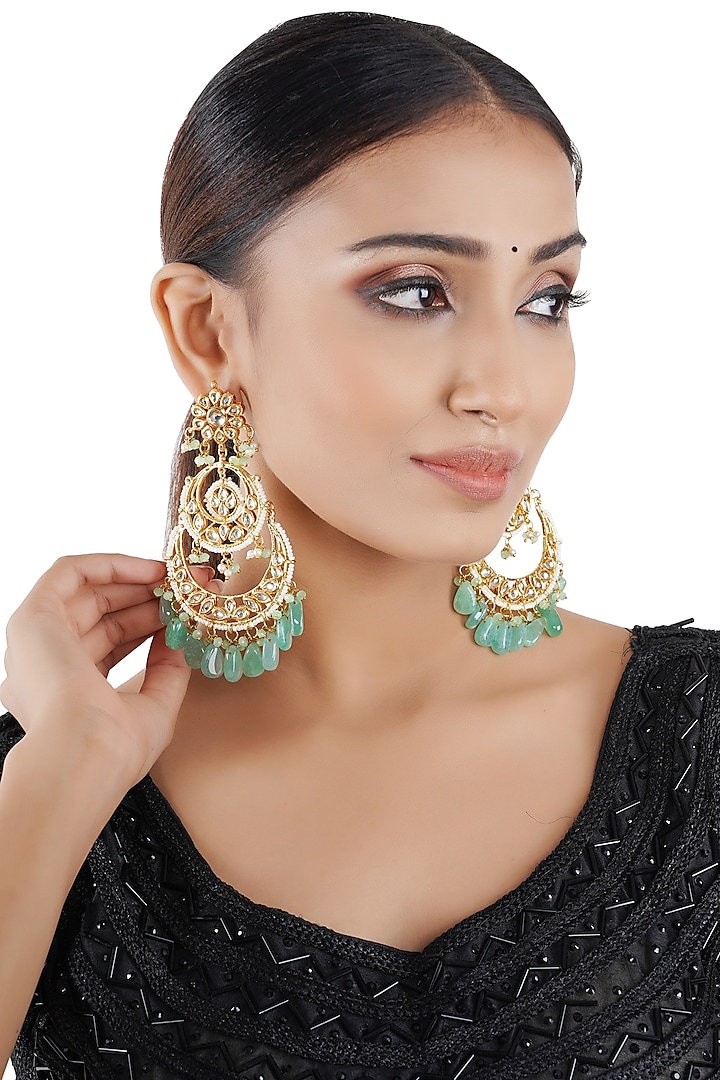 Gold Finish Chandbali Earrings With Kundan Polki by Chhavi's Jewels