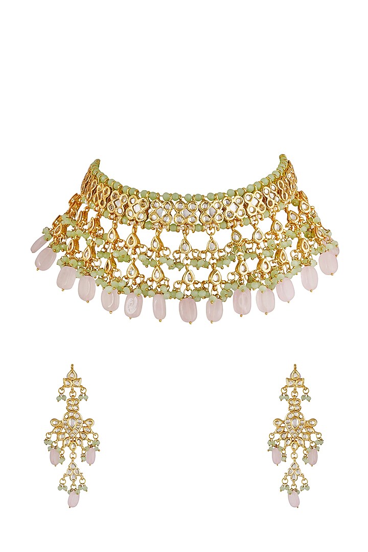 Gold Finish Kundan Polki Choker Necklace Set by Chhavi's Jewels at Pernia's Pop Up Shop