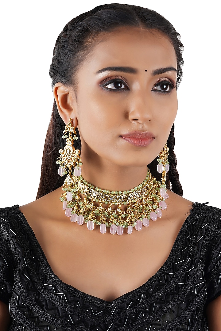 Gold Finish Kundan Polki Choker Necklace Set by Chhavi's Jewels at Pernia's Pop Up Shop