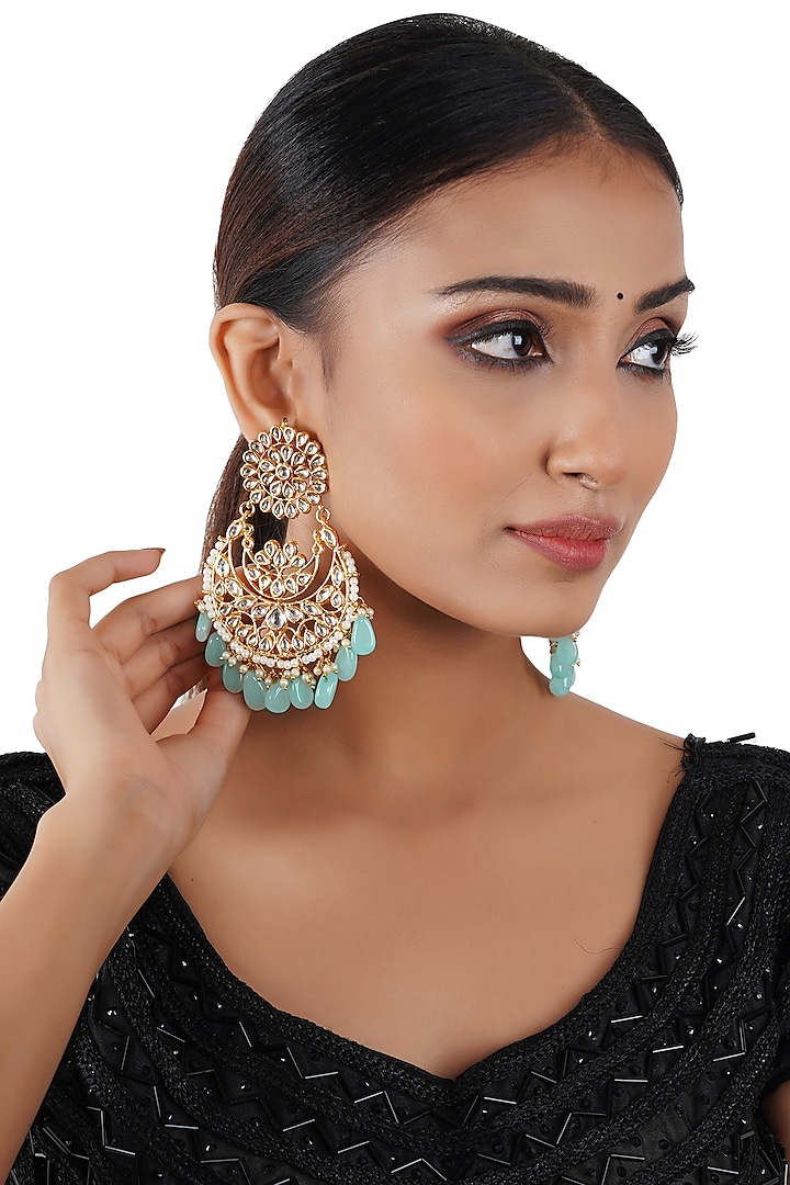 Gold Finish Dangler Chandbali Earrings With Kundan Polki by Chhavi's Jewels