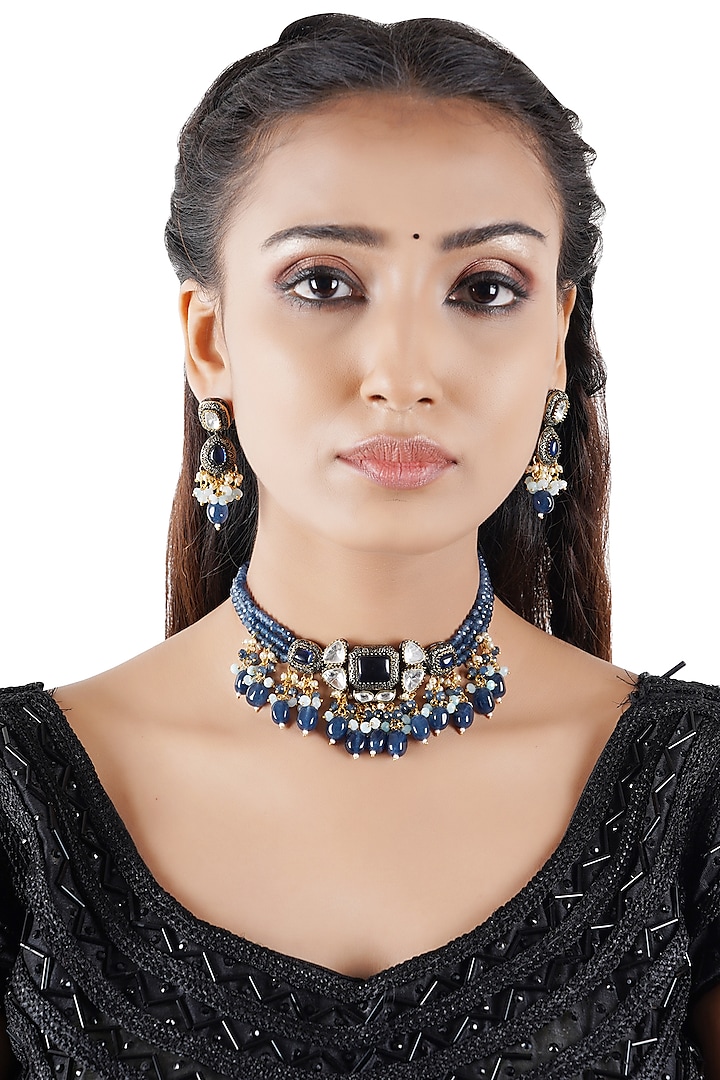 Gold Finish Necklace Set In Mixed Metal by Chhavi's Jewels