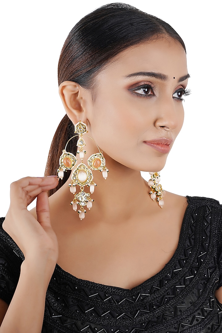 Gold Finish Pearl Hoop Earrings by Chhavi's Jewels