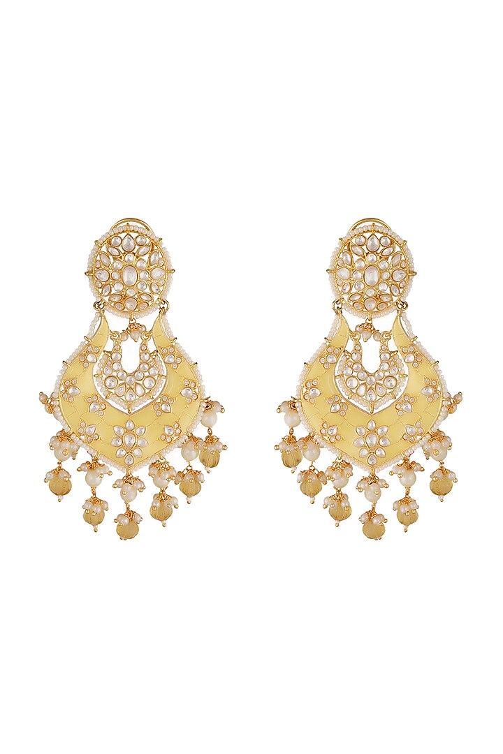 Gold Finish Pearl & Kundan Polki Chandbali Earrings by Chhavi's Jewels