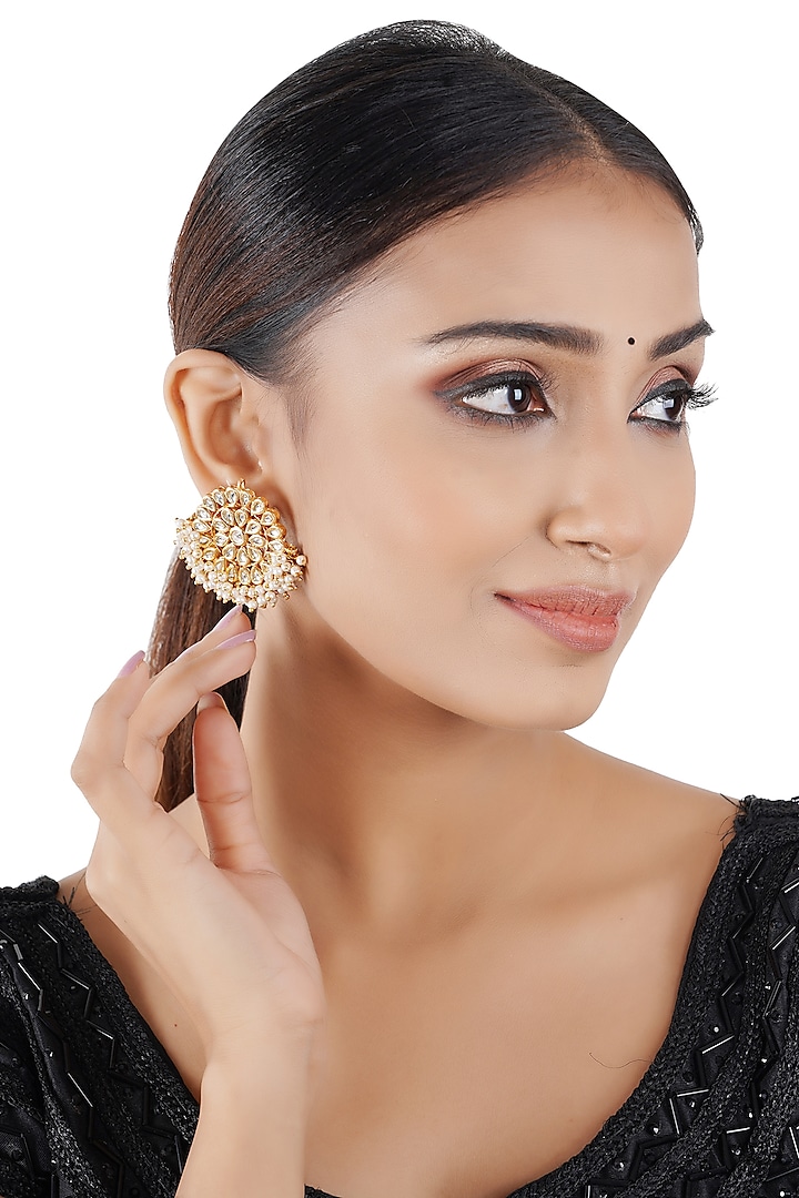 Gold Finish Kundan & Pearl Stud Earrings by Chhavi's Jewels