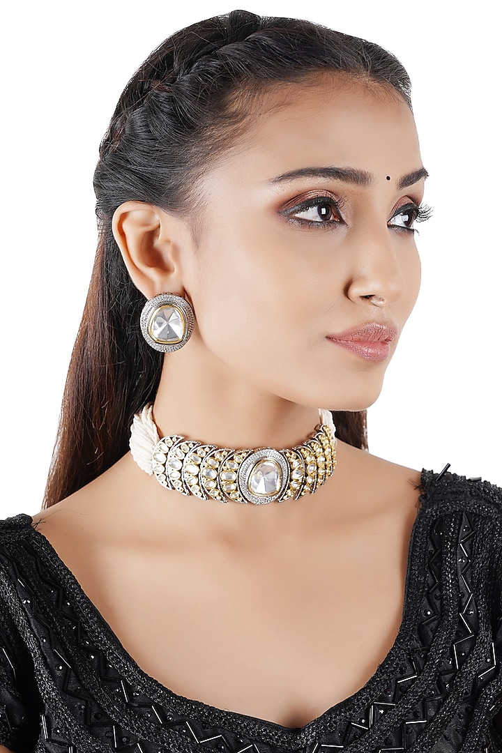 Gold Finish Pearl And Kundan Polki Necklace Set by Chhavi's Jewels