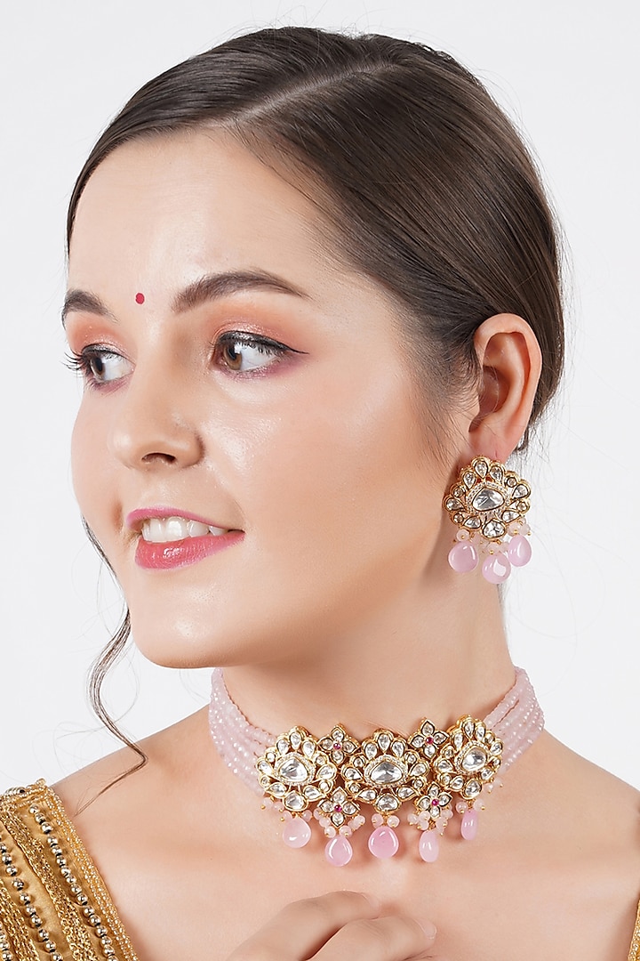 Gold Finish Kundan & Pearl Choker Necklace Set by Chhavi's Jewels