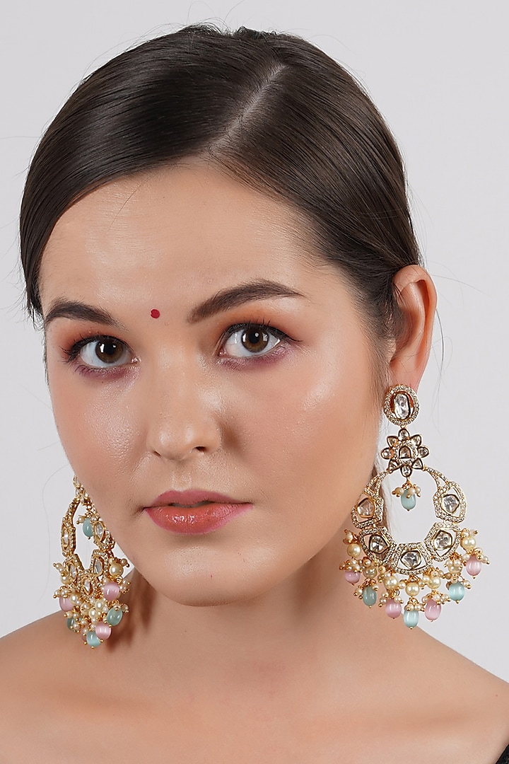 Gold Finish Kundan Polki Chandbali Earrings by Chhavi's Jewels