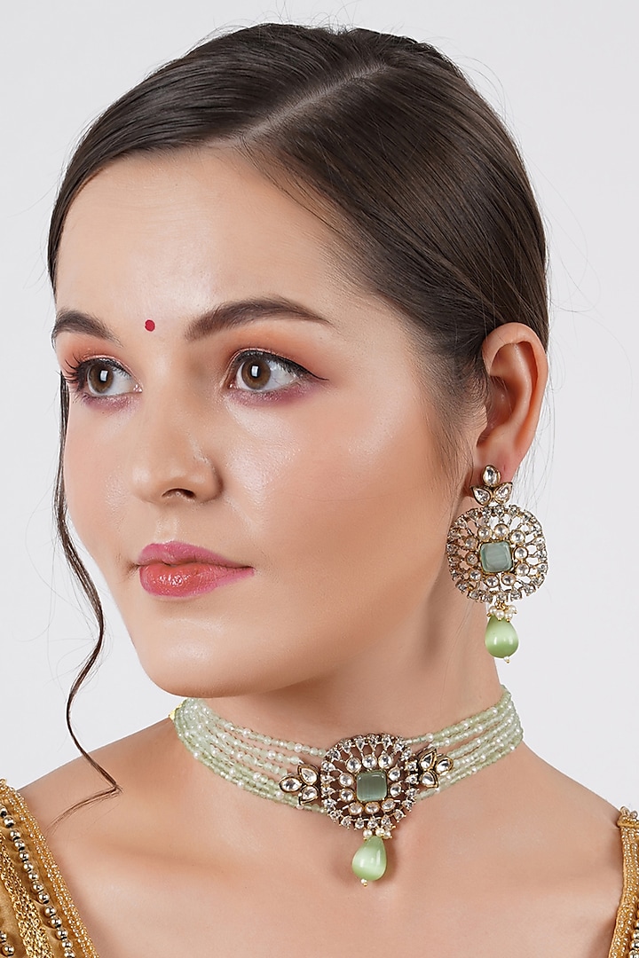 Gold Finish Beaded Choker Necklace Set by Chhavi's Jewels