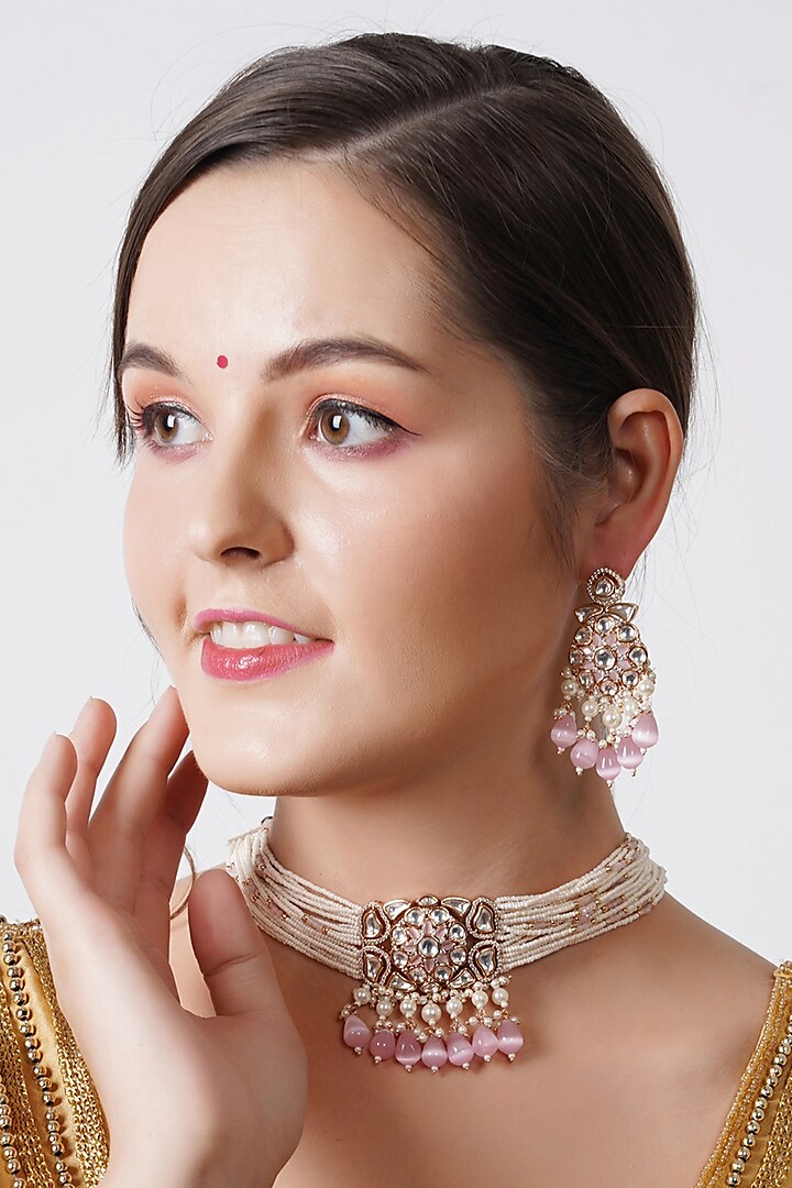 Gold Finish Choker Necklace Set With Pink Beads by Chhavi's Jewels