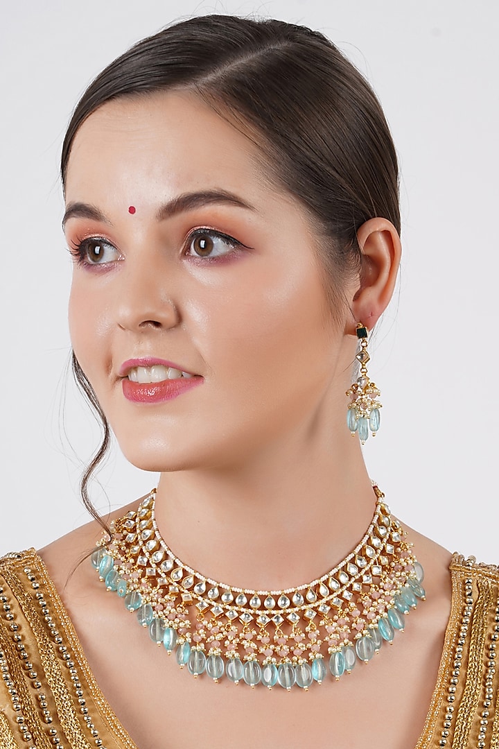 Gold Finish Blue Beaded Necklace Set by Chhavi's Jewels