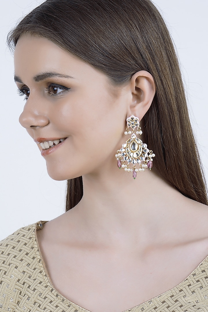 Gold Finish Rose Quartz Dangler Earrings by Chhavi's Jewels