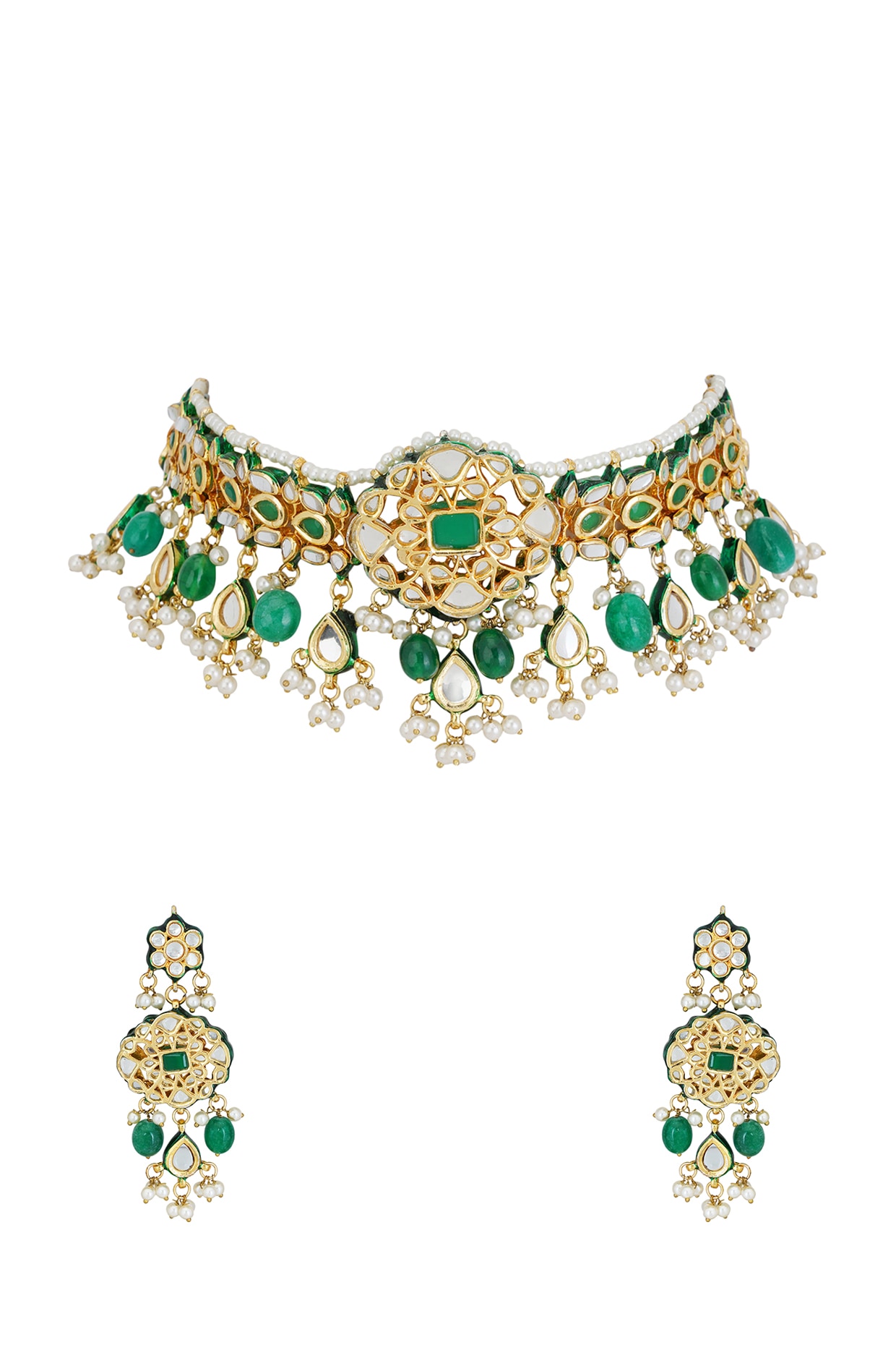Gold Plated Emerald Choker Necklace Set 