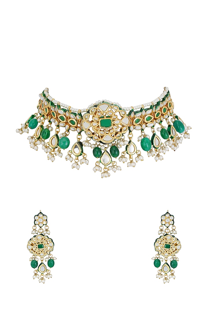 Gold Plated Emerald Choker Necklace Set by Chhavi's Jewels at Pernia's Pop Up Shop