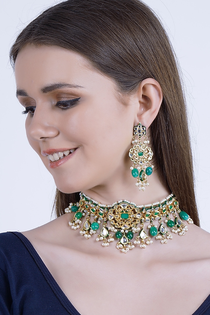 Gold Plated Emerald Choker Necklace Set by Chhavi's Jewels at Pernia's Pop Up Shop