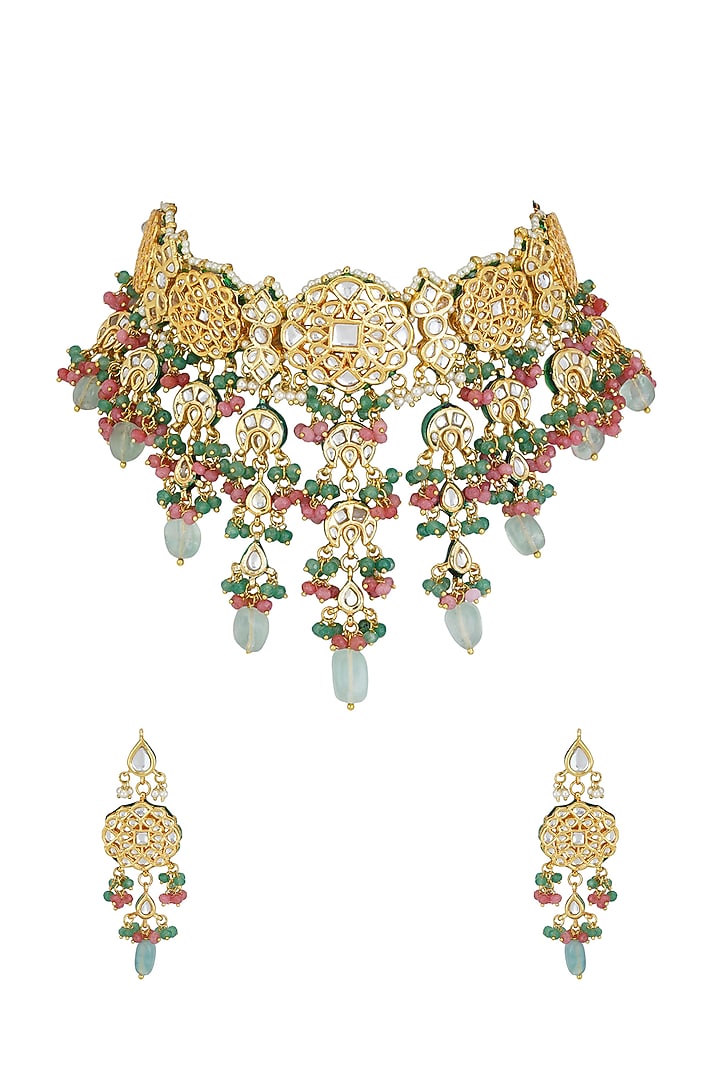 Gold Plated Onyx Choker Necklace Set by Chhavi's Jewels at Pernia's Pop Up Shop
