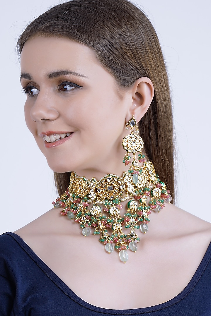 Gold Plated Onyx Choker Necklace Set by Chhavi's Jewels at Pernia's Pop Up Shop