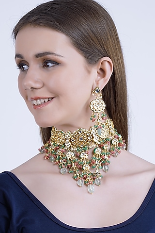 Gold Plated Onyx Choker Necklace Set by Chhavi's Jewels