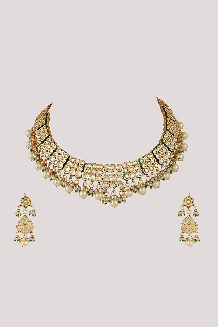Gold Finish Kundan Polki & Pearl Necklace Set by Chhavi's Jewels at Pernia's Pop Up Shop