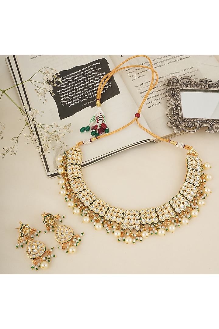 Gold Finish Kundan Polki & Pearl Necklace Set by Chhavi's Jewels at Pernia's Pop Up Shop