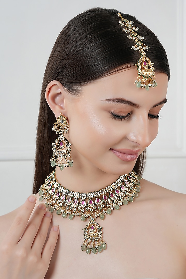 Gold Finish Kundan Polki & Green Stone Necklace Set by Chhavi's Jewels at Pernia's Pop Up Shop