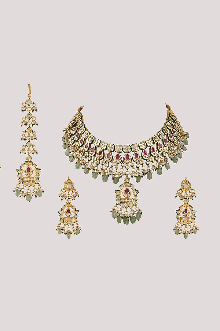 Gold Finish Kundan Polki & Green Stone Necklace Set by Chhavi's Jewels at Pernia's Pop Up Shop