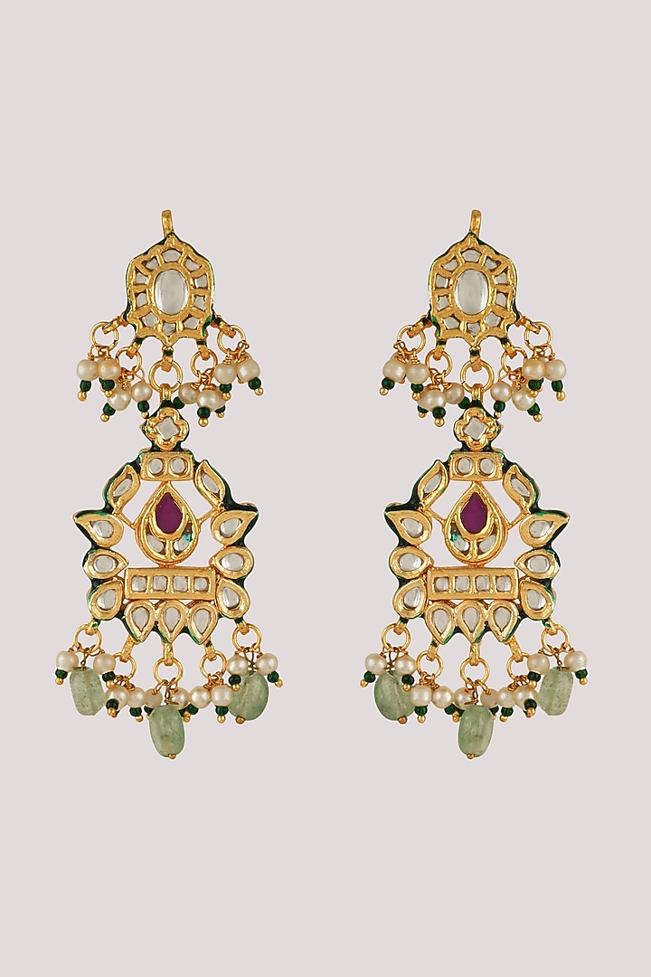 Gold Finish Kundan Polki & Green Stone Necklace Set by Chhavi's Jewels at Pernia's Pop Up Shop