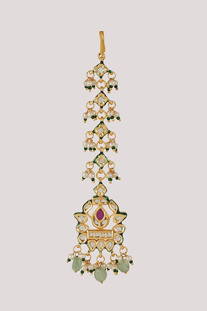 Gold Finish Kundan Polki & Green Stone Necklace Set by Chhavi's Jewels at Pernia's Pop Up Shop