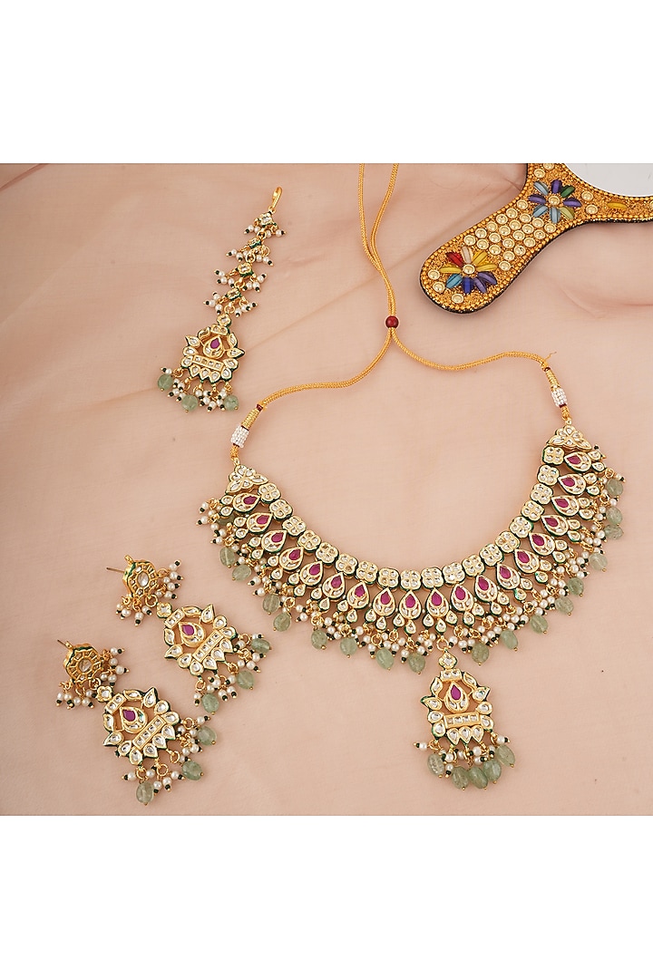Gold Finish Kundan Polki & Green Stone Necklace Set by Chhavi's Jewels at Pernia's Pop Up Shop