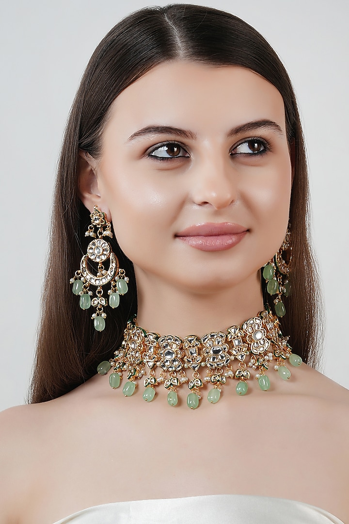 Gold Finish Kundan Polki & Green Stone Choker Necklace Set by Chhavi's Jewels at Pernia's Pop Up Shop