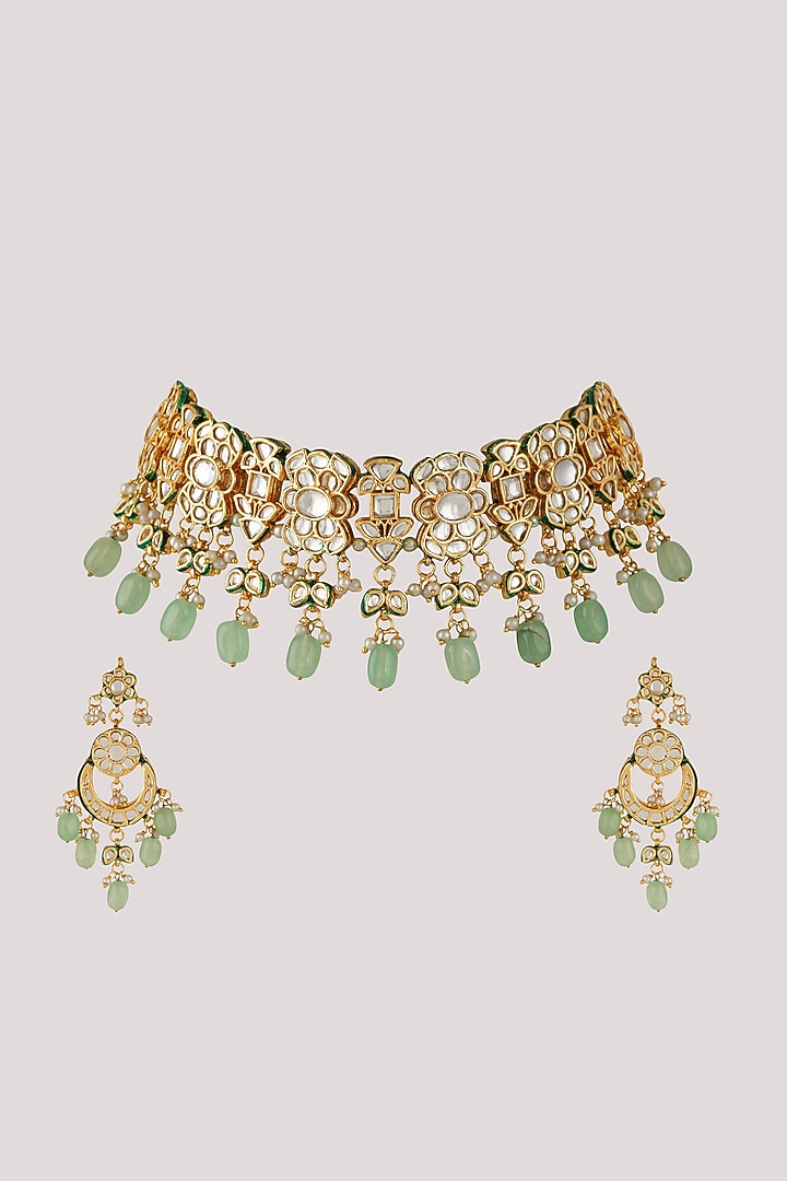 Gold Finish Kundan Polki & Green Stone Choker Necklace Set by Chhavi's Jewels at Pernia's Pop Up Shop