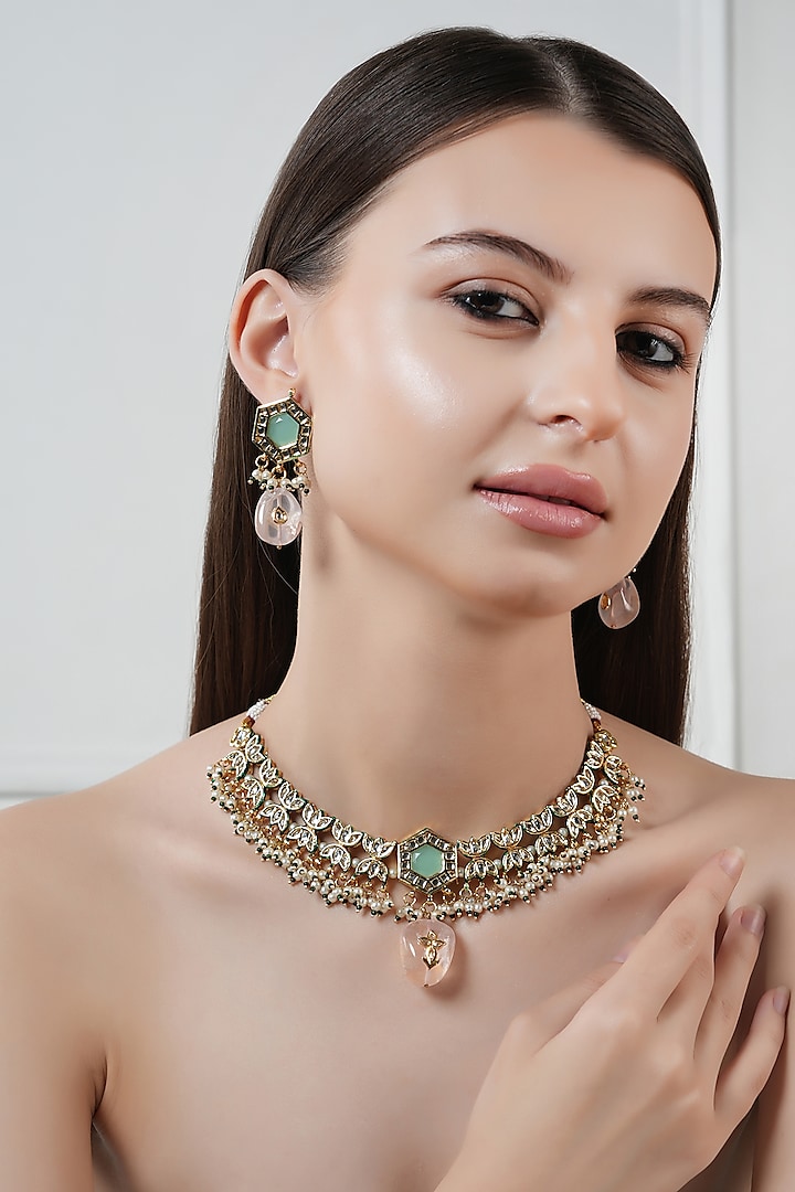 Gold Finish Kundan Polki & Multi-Colored Stone Choker Necklace Set by Chhavi's Jewels at Pernia's Pop Up Shop