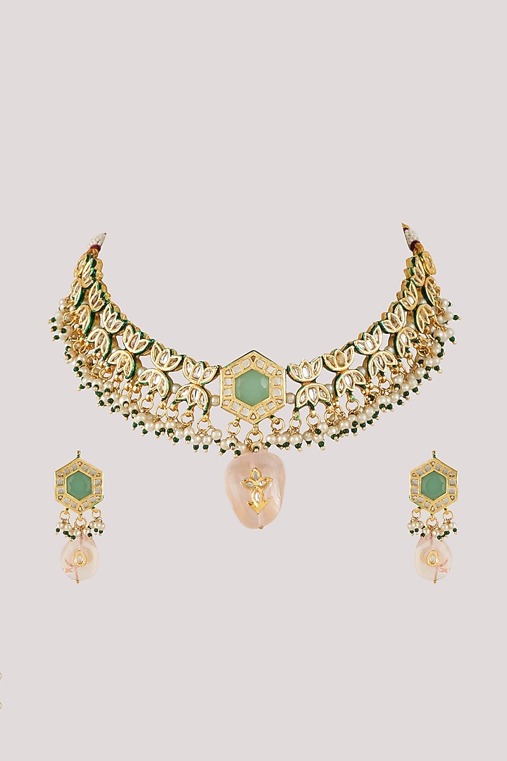 Gold Finish Kundan Polki & Multi-Colored Stone Choker Necklace Set by Chhavi's Jewels at Pernia's Pop Up Shop