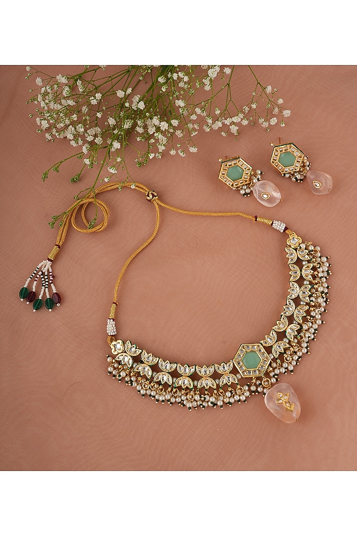 Gold Finish Kundan Polki & Multi-Colored Stone Choker Necklace Set by Chhavi's Jewels at Pernia's Pop Up Shop