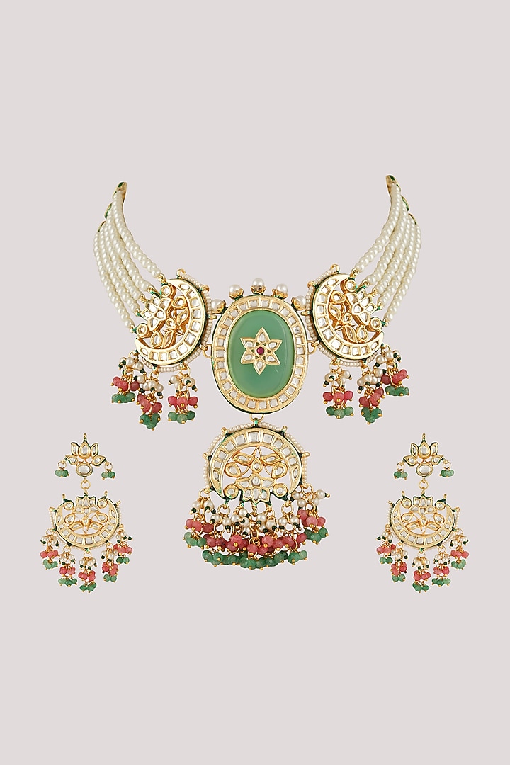 Gold Finish Kundan Polki & Multi-Colored Stone Choker Necklace Set by Chhavi's Jewels at Pernia's Pop Up Shop