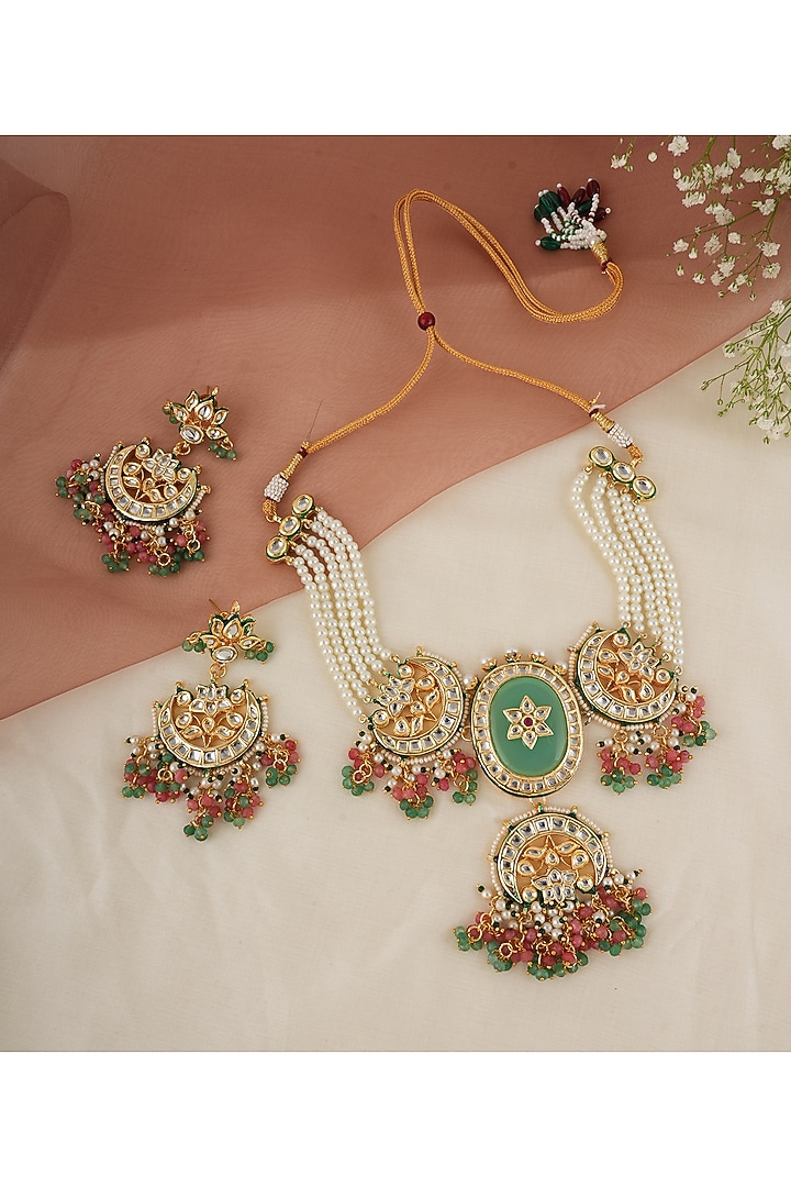 Gold Finish Kundan Polki & Multi-Colored Stone Choker Necklace Set by Chhavi's Jewels at Pernia's Pop Up Shop